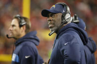 Los Angeles Chargers head coach Anthony Lynn follows the first half of an NFL football game against the Kansas City Chiefs in Kansas City, Mo., Thursday, Dec. 13, 2018. (AP Photo/Charlie Riedel)