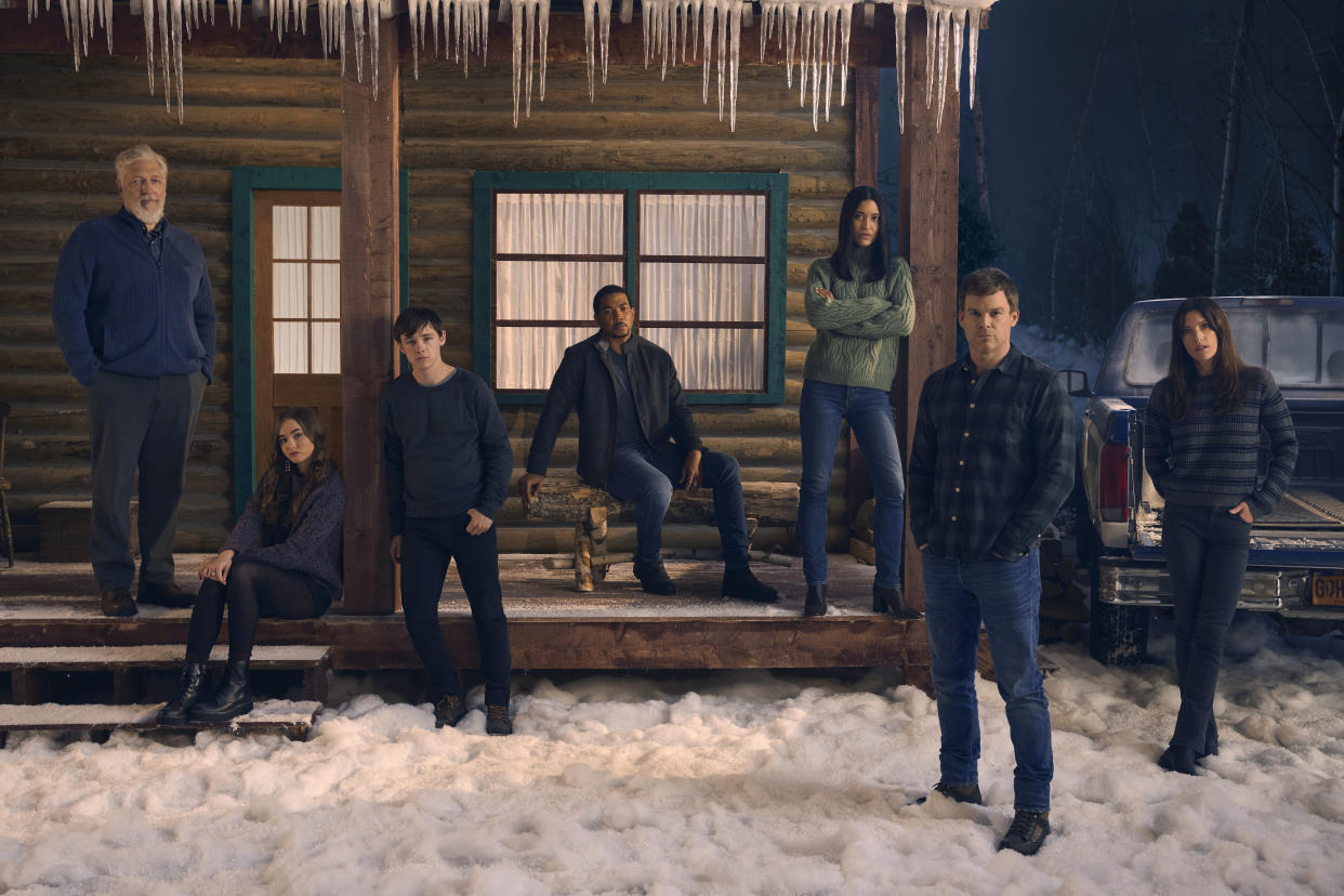 (L-R): Clancy Brown as Kurt Caldwell, Johnny Sequoyah as Audrey Bishop, Jack Alcott as Harriosn Morgan, Alano Miller as Logan, Julia Jones as Angela Bishop, Michael C. Hall as Dexter Morgan and Jennifer Carpenter as Debra Morgan in DEXTER.  Photo credit: Kurt Iswarienko/SHOWTIME.