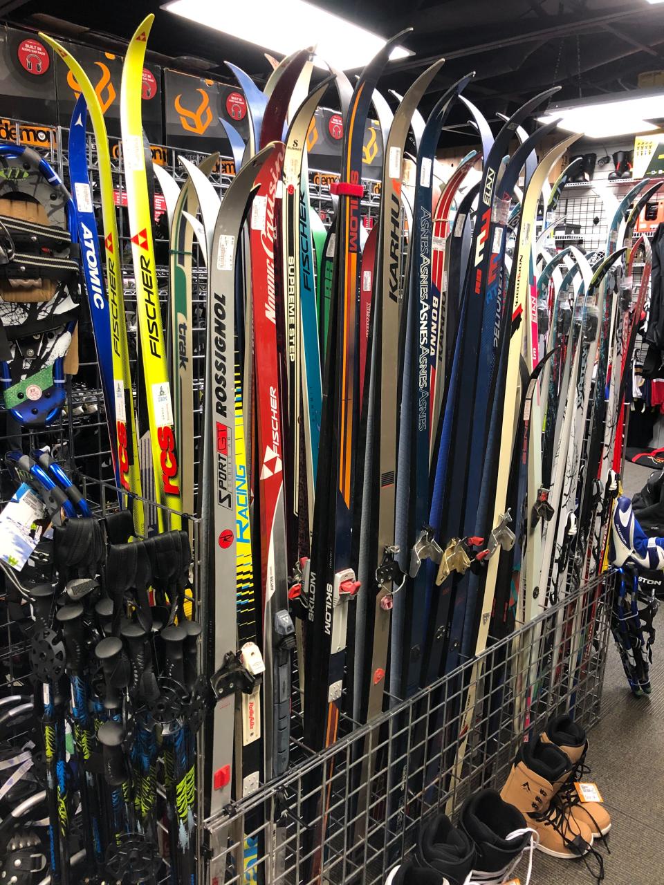 Used cross-country skis await buyers in the Play It Again Sports store in Elkhart in November 2022.