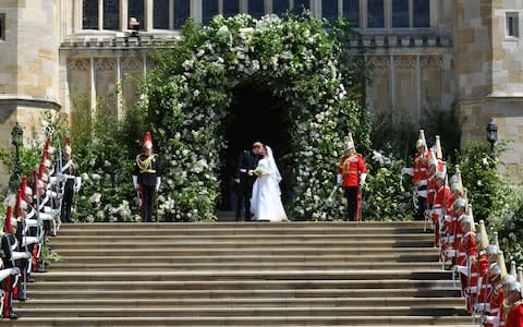 Prince Harry and Meghan Markle leave St George's Chapel i - Credit: Ben Birchall /PA