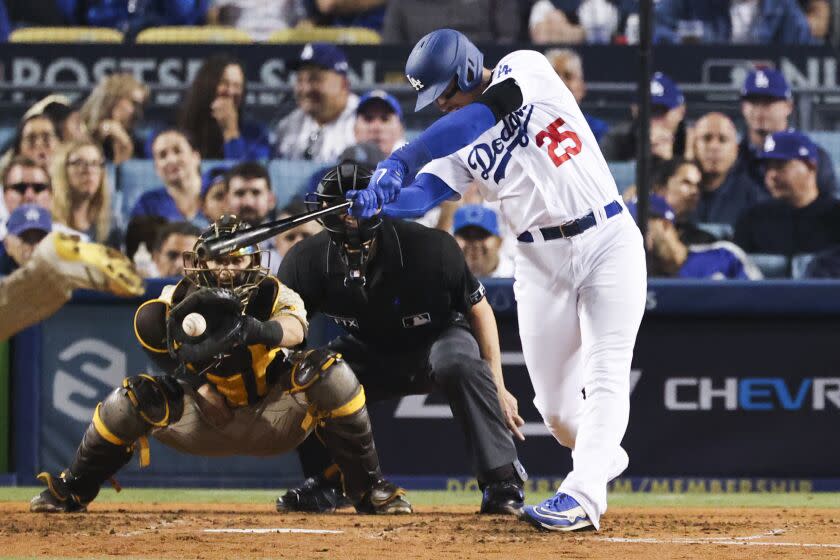 Los Angeles, CA - October 12: Los Angeles Dodgers' Trayce Thompson strikes out during the fourth inning.