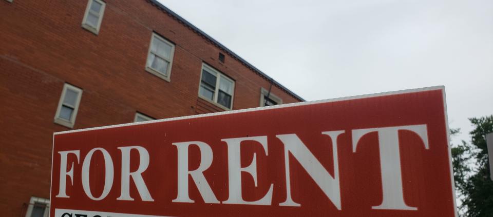 A sign outside an apartment building in southeast Erie announces that rental units are available on Sept. 12, 2023.