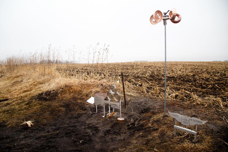 A memorial to Buddy Holly, Ritchie Valens, and J.P. u0022the Big Bopperu0022 Richardson sits in the field on Tuesday, Jan. 15, 2019, in Clear Lake where their plane crashed on Feb. 3, 1959, after their concert at the Surf Ballroom during the Winter Dance Party tour.