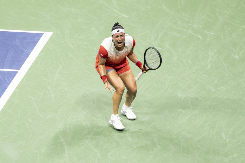 Ons Jabeur, pictured here after her victory in her semi-final clash with Caroline Garcia at the US Open.