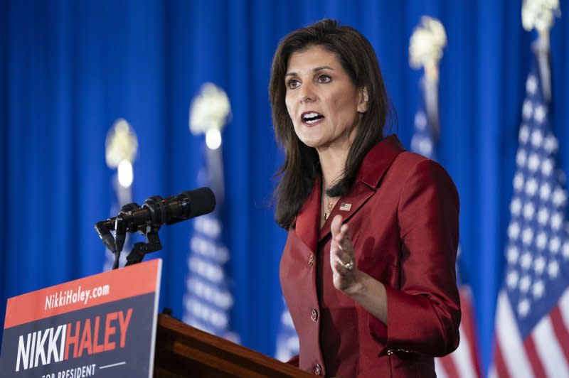 Republican presidential candidate Nikki Haley speaks during her primary night watch party at The Charleston Place in Charleston, S.C., on Saturday. Haley was defeated in her home state by former president Donald Trump and lost again Tuesday in the Michigan Republican primary. Photo by Bonnie Cash/UPI