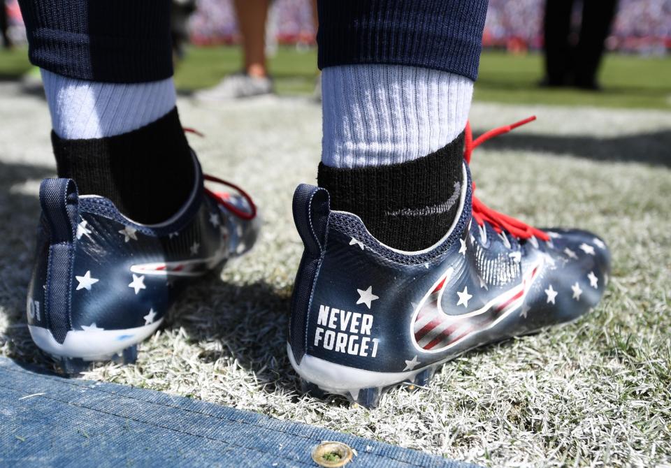 <p>Detail view of cleats worm by Tennessee Titans linebacker Avery Williamson (54) before the game against the Minnesota Vikings at Nissan Stadium. Mandatory Credit: Christopher Hanewinckel-USA TODAY Sports </p>