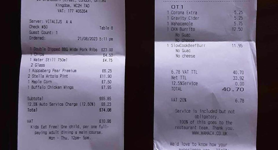 A photo (left) of the Angus Steakhouse UK receipt from the London location, which doesn't specify that the surcharge is optional, and a Wahaca receipt (right) that does say its optional.