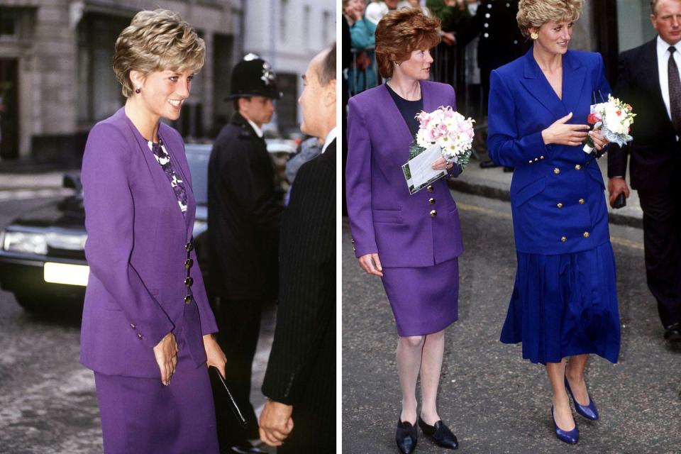 <p>Skirt suits were basically everyday wear in Princess Diana’s 1990s wardrobe. In the early '90s, she wore this bold purple suit with a coordinating floral top underneath before giving it away to her sister. </p><p>Lady Sarah McCorquodale was later photographed wearing the gold-buttoned purple suit on a walkabout in Nottingham with the Princess of Wales on September 9, 1992. She accessorized the suit with black flats and a black top underneath, while her sister wore a similar suit in cobalt blue.</p>
