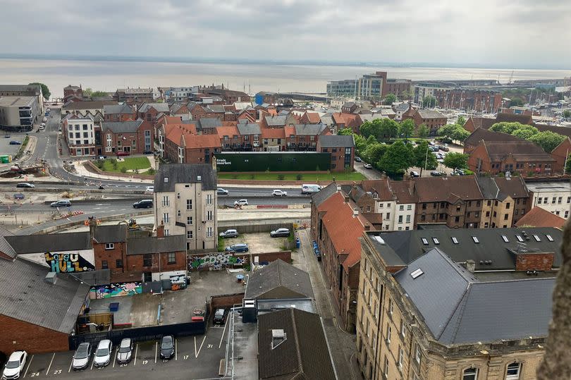 A view of Humber Street and Hull Marina from the top of Hull Minster