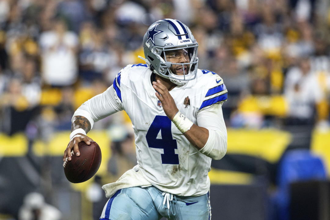 Dallas Cowboys quarterback Dak Prescott (4) comes out of the pocket during an NFL football game, Sunday, Oct. 6, 2024, in Pittsburgh. (AP Photo/Matt Dorisko)