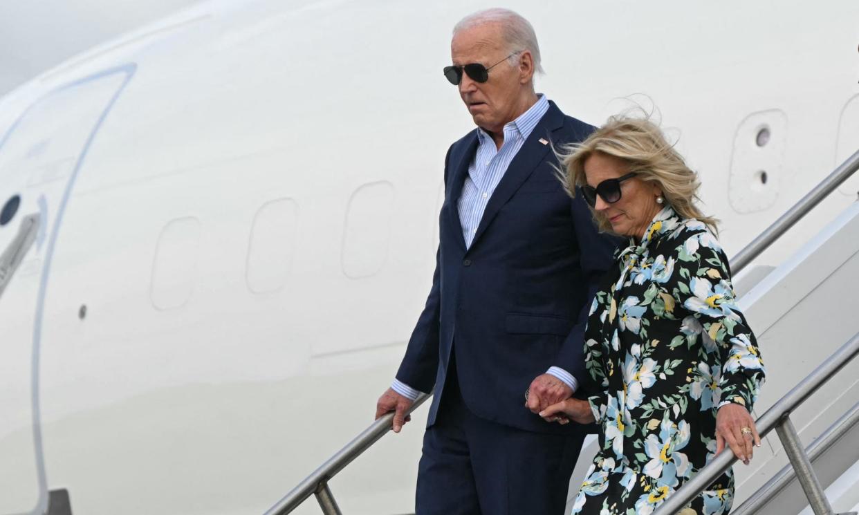 <span>President Joe Biden and first lady Jill Biden step off Air Force One upon arrival at McGuire air force base in New Jersey on Saturday.</span><span>Photograph: Mandel Ngan/AFP/Getty Images</span>