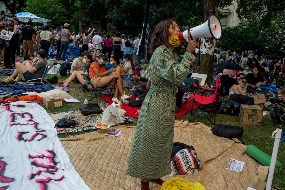 City hall park megaphone protest