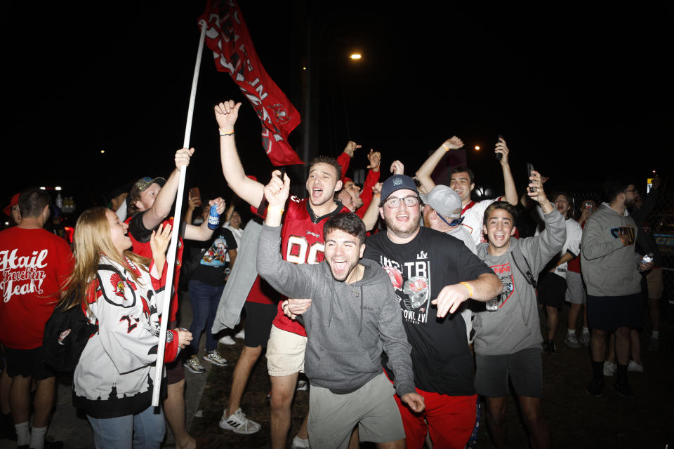 Tampa Bay Buccaneers fans celebrate after Super Bowl LV