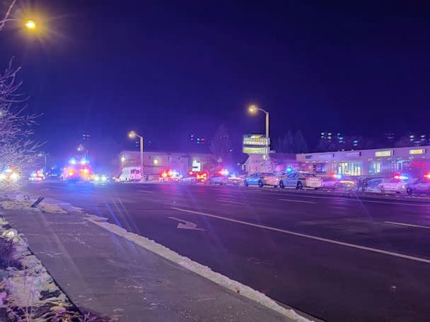 PHOTO: A view of various emergency vehicles with flashing lights parked on a street, after a shooting in a club, in Colorado Springs, Colorado, on Nov. 20, 2022, in this picture obtained from social media. (@treyruffy/Twitter via Reuters)