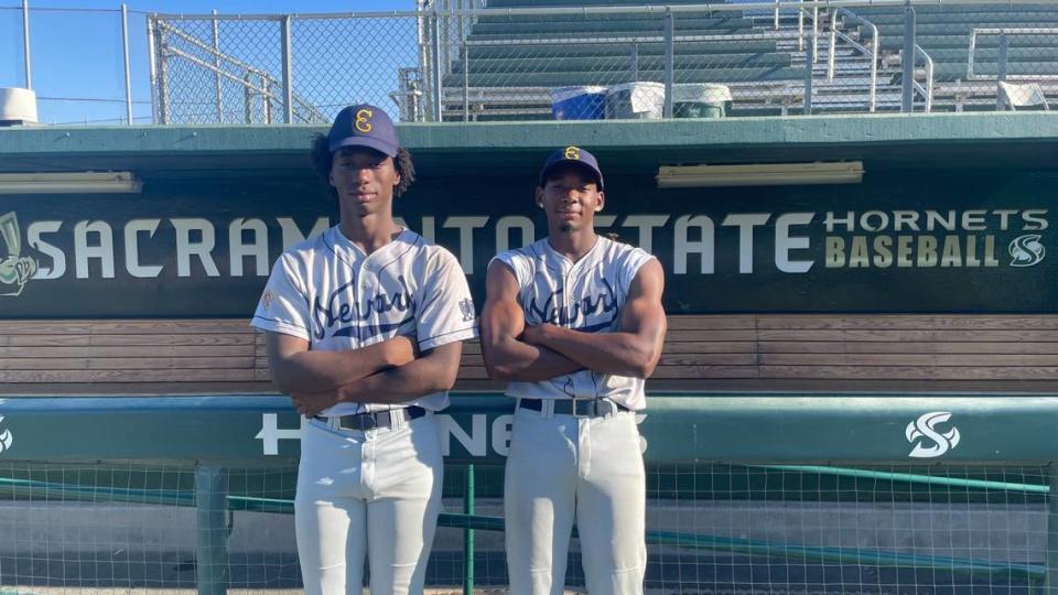 Alex Parish (left) and JaLon Johnson (right) played on the Newark Eagles together in the 3rd annual honorary Negro League baseball game at Sacramento State’s John Smith Field on Sunday, Oct. 8, 2023.