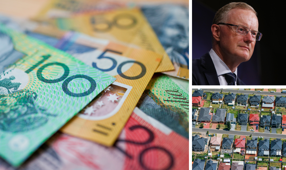 Compilation image of a pile of Australian dollars with a headhot of RBA governor Philip Lowe and arial shot of row of houses. 