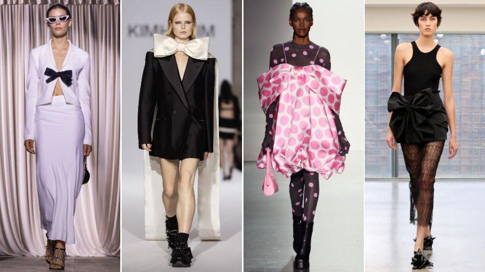 Imagen compuesta que muestra modelos con diseños de Giambattista Valli, Kimhekim, Sixdo y Aknvas.