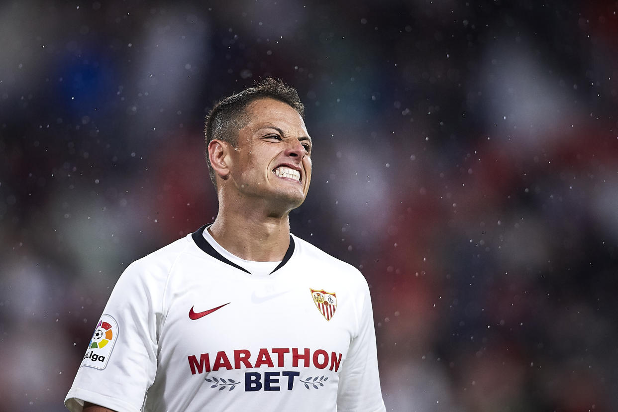 SEVILLE, SPAIN - OCTOBER 20: Javier Hernandez Chicharito of Sevilla FC reacts during the Liga match between Sevilla FC and Levante UD at Estadio Ramon Sanchez Pizjuan on October 20, 2019 in Seville, Spain. (Photo by Quality Sport Images/Getty Images)