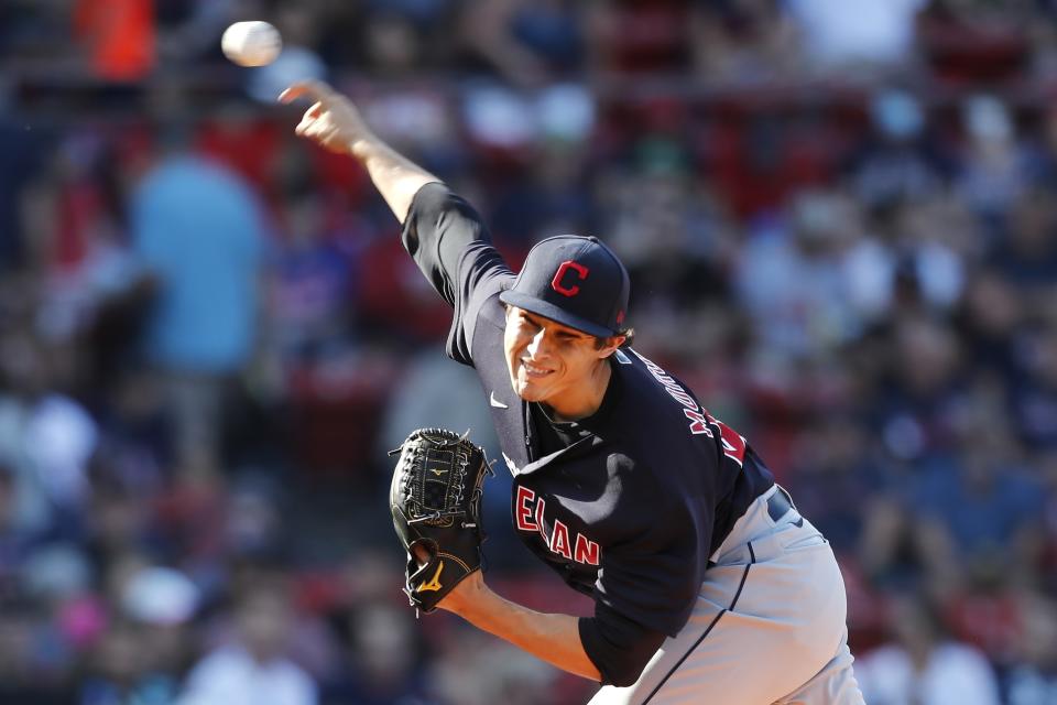 Cleveland Indians' Eli Morgan pitches during the first inning of a baseball game against the Boston Red Sox, Saturday, Sept. 4, 2021, in Boston. (AP Photo/Michael Dwyer)