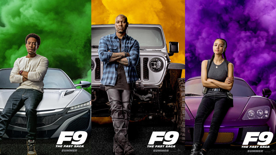 Ludacris, Tyrese Gibson and Nathalie Emmanuel in character posters for 'Fast & Furious 9'. (Credit: Universal)