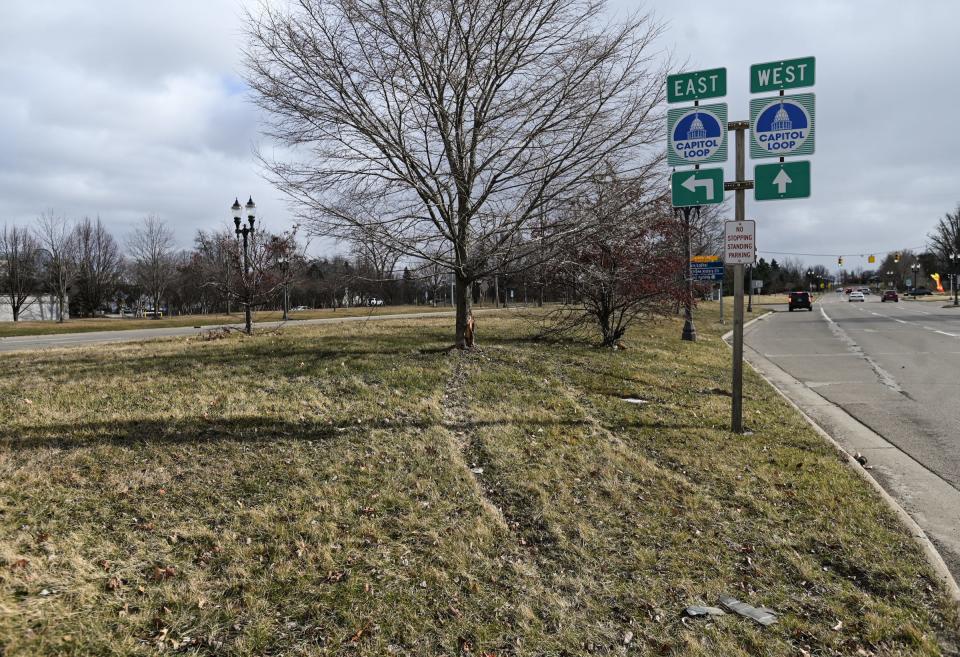 One of the median "green spaces" between the northbound and southbound lanes of Martin Luther King Jr. Boulevard in Lansing's Westside Neighborhood, pictured Wednesday, Feb. 28, 2024.