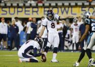 Denver Broncos' Brandon McManus kicks a field goal in the third quarter during the NFL's Super Bowl 50 football game against the Carolina Panthers in Santa Clara, California February 7, 2016. REUTERS/Mike Blake