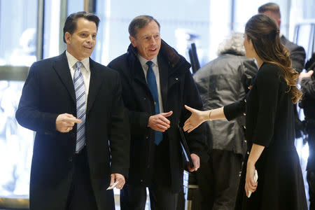 Former CIA director David Petraeus arrives with Anthony Scaramucci, a member of the President elect's transition team, to meet with U.S. President elect Donald Trump at Trump Tower New York, U.S., November 28, 2016. REUTERS/Lucas Jackson