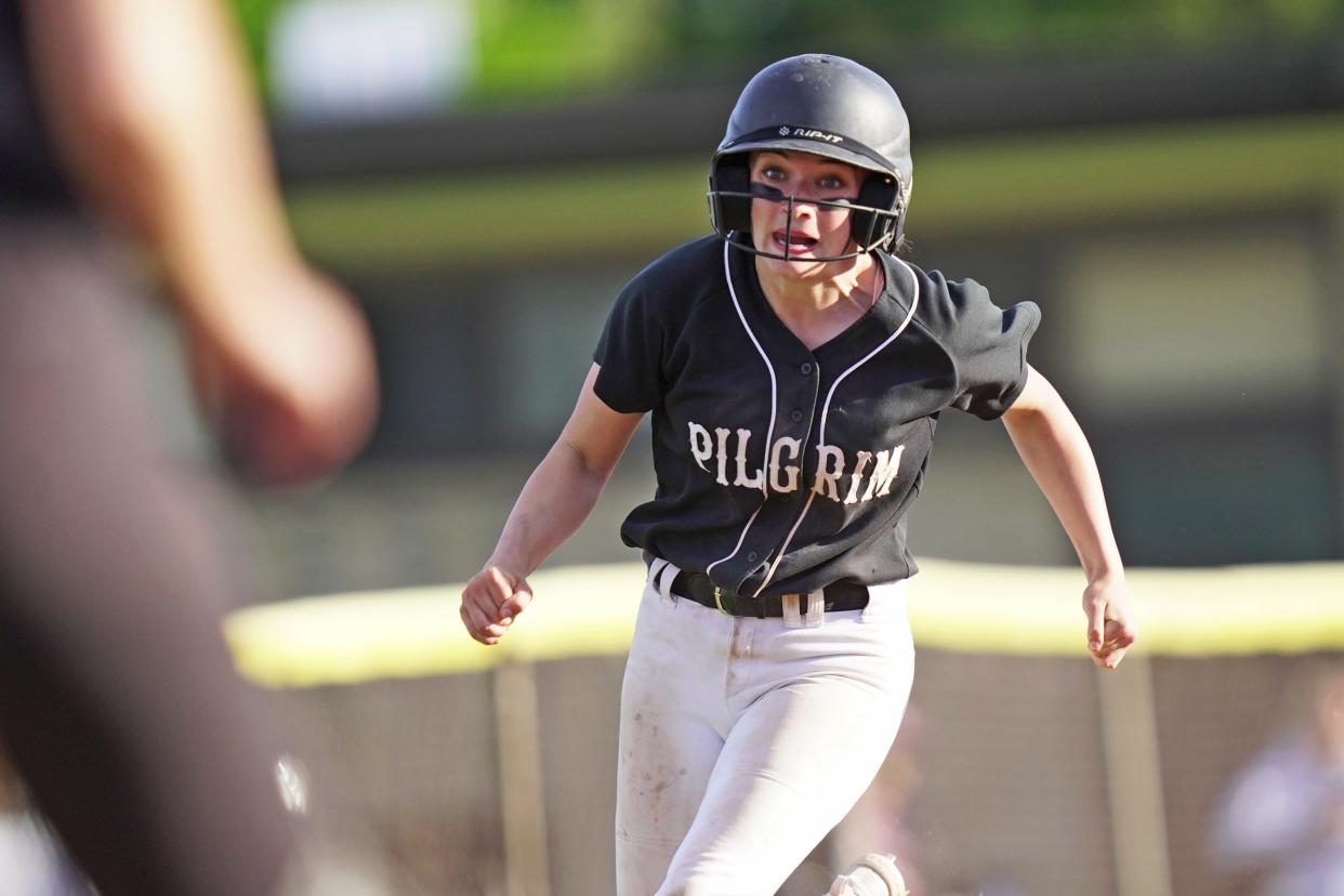 Pilgrim's Maddie Tuirok hustles around third on her way home during the sixth inning of Tuesday's game against Prout, when the Patriots scored three runs that helped seal a 4-1 win for the team's fifth straight victory.