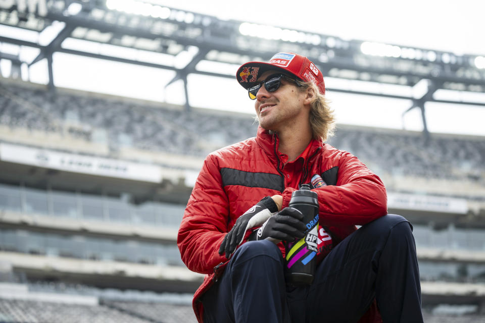 This photo provided by Align Media/Feld Motor Sports shows Justin Barcia on April 22, 2023 in East Rutherford, N.J. The debut of SuperMotocross World Championship this year keeps Barcia in the mix for a title. With the points he earned in supercross and a chance to return early in the motocross season, the 31-year-old rider can still qualify for the SuperMotocross playoff rounds and possibly win a world championship.(Align Media/Feld Motor Sports via AP)