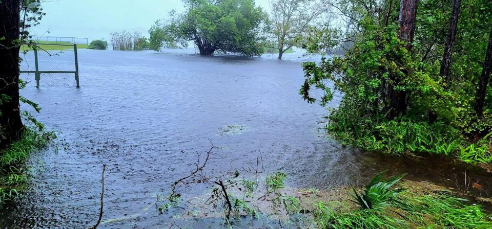 A view of the rear of Pamela Hoover Rutherford's property on Montero Circle shows water from the adjacent Lake Theresa encroaching on the Deltona home Thursday morning after Hurricane Ian brought massive flooding across Volusia County.