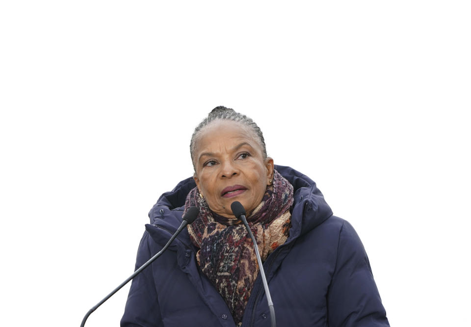 Former left-wing socialist minister Christiane Taubira delivers a speech to announce that she is candidate for the French presidential election 2022 during a visit in Lyon, central France, Saturday, Jan. 15, 2022. (AP Photo/Laurent Cipriani)