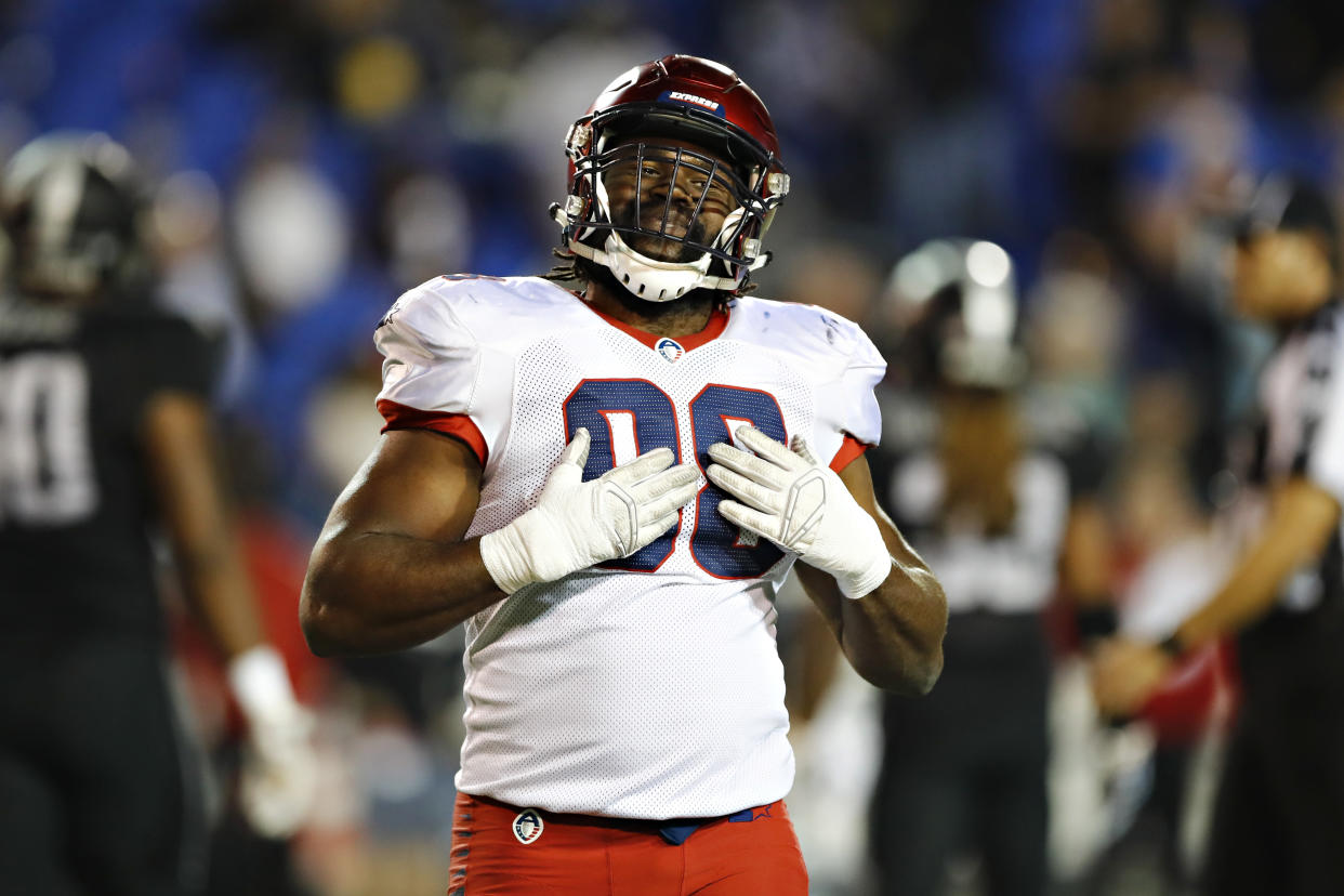 MEMPHIS, TN - MARCH24: Corey Vereen #98 of the Memphis Express signals to the sidelines during a game against the Birmingham Iron at the Liberty Bowl Memorial Stadium on March 24, 2019 in Memphis, Tennessee. The Express defeated the Iron 31-25.  (Photo by Wesley Hitt/AAF/Getty Images)