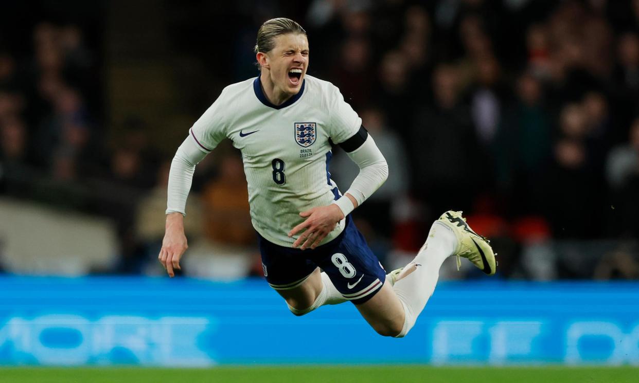 <span>England's Conor Gallagher takes flight after being fouled against Brazil.</span><span>Photograph: Tom Jenkins/The Observer</span>