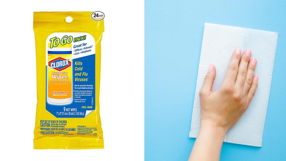 Wipe down contaminated surfaces with disinfecting to-go wipes.