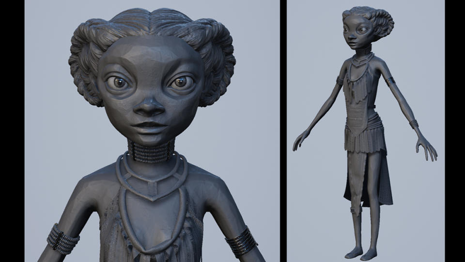 Making The Voice in the Hollow using Unreal Engine 5; a grey model of a girl in Zbrush