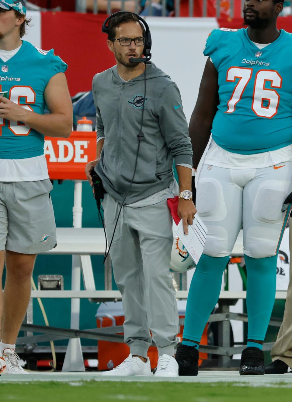 Dolphins coach Mike McDaniel looks on from the sideline at Raymond James Stadium during Saturday night's preseason opener against the Bucs.