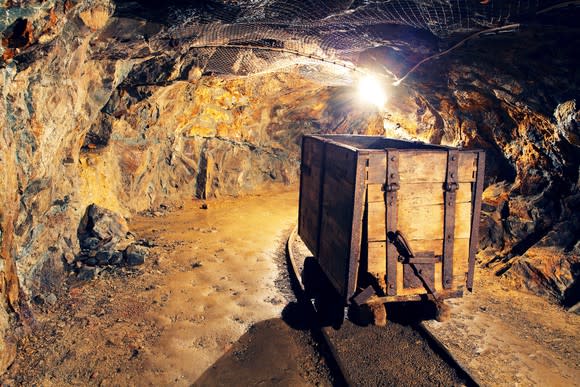 A rail line into an underground gold mine.