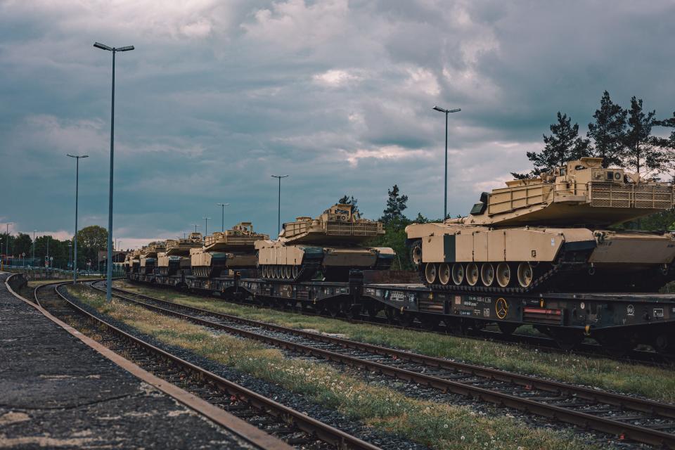 US M1A1 Abrams tanks needed for training the Armed Forces of Ukraine arrive by rail at Grafenwoehr, Germany, May 14, 2023.