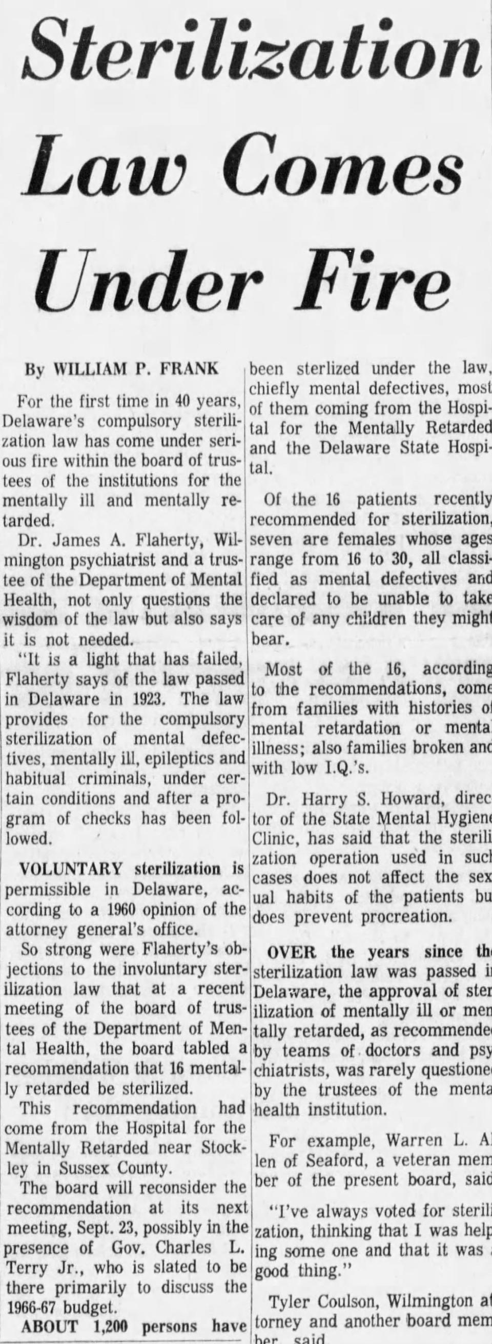 A 1965 News Journal article about the state of sterilizations in Delaware