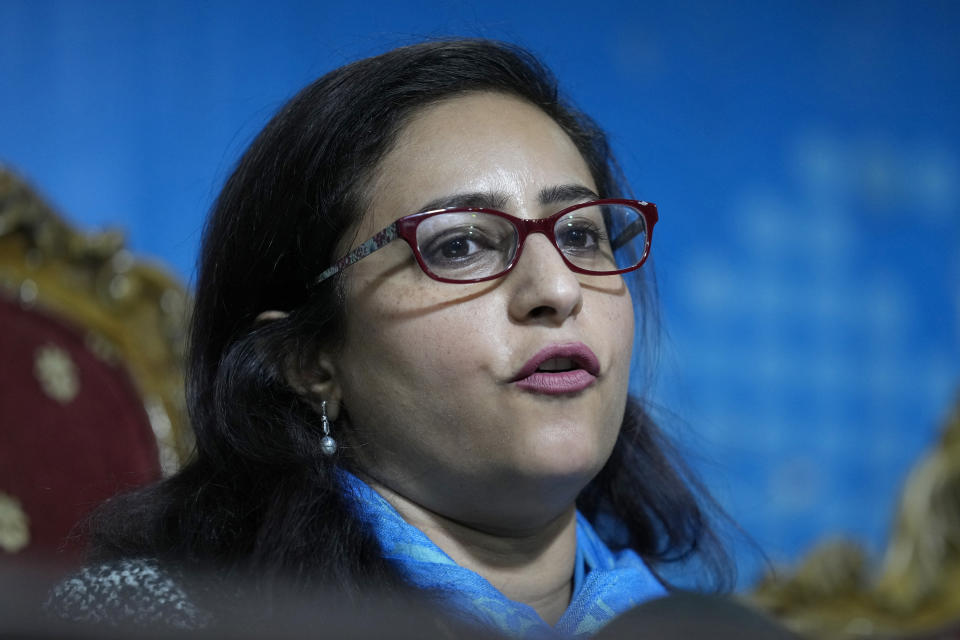 Munizae Jahangir, the co-chairperson at the Human Rights Commission of Pakistan, speaks during a news conference, in Islamabad, Pakistan, Monday, Jan. 1, 2024. Pakistan's rights body said Monday there is little chance of free and fair parliamentary elections next month because of "pre-poll rigging." It also expressed concerned about authorities rejecting most candidates from former premier Imran Khan's party, including Khan himself. (AP Photo/Anjum Naveed)