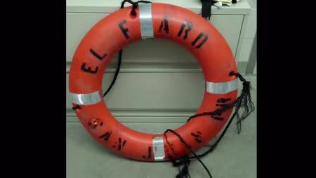 A life preserver ring from the cargo ship El Faro is pictured in this still image from a October 4, 2015 U.S. Coast Guard handout video. REUTERS/U.S. Coast Guard/Handout via Reuters