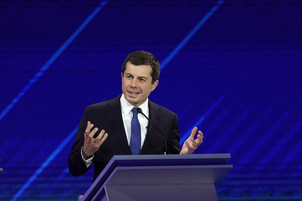 Democratic presidential candidate South Bend Mayor Pete Buttigieg answers a question Thursday, Sept. 12, 2019, during a Democratic presidential primary debate hosted by ABC at Texas Southern University in Houston. (AP Photo/David J. Phillip)