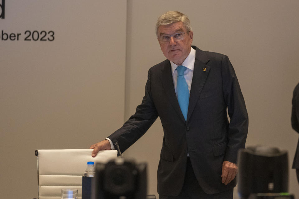 International Olympic Committee (IOC) president Thomas Bach arrives to attend the first day of the executive board meeting of the IOC ahead of the upcoming 141st IOC session in Mumbai, India, Thursday, Oct. 12, 2023.(AP Photo/Rafiq Maqbool)