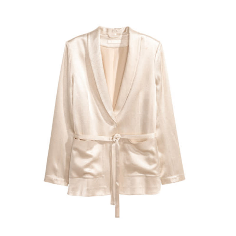 <a rel="nofollow noopener" href="http://rstyle.me/n/crnmhjchdw" target="_blank" data-ylk="slk:Tie-belt Satin Jacket, H&M, $35;elm:context_link;itc:0;sec:content-canvas" class="link ">Tie-belt Satin Jacket, H&M, $35</a>