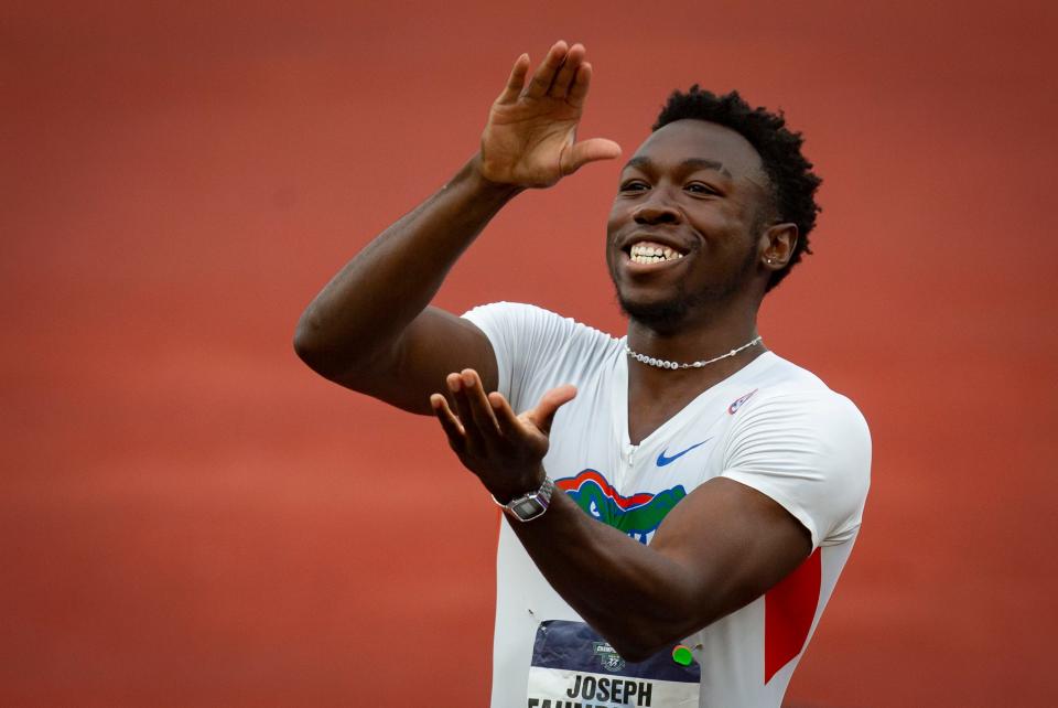 Florida’s Joseph Fahnbulleh cheers after winning the men’s 100 meter dash on the third day of the NCAA Outdoor Track & Field Championships Friday, June 10, 2022 at Hayward Field in Eugene, Ore. 
