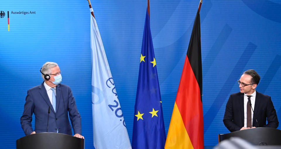 German Foreign Minister Heiko Maas and the European Union's Brexit negotiator Michel Barnier address the media after talks in Berlin, Germany October 5, 2020. Tobias Schwarz/Pool via REUTERS