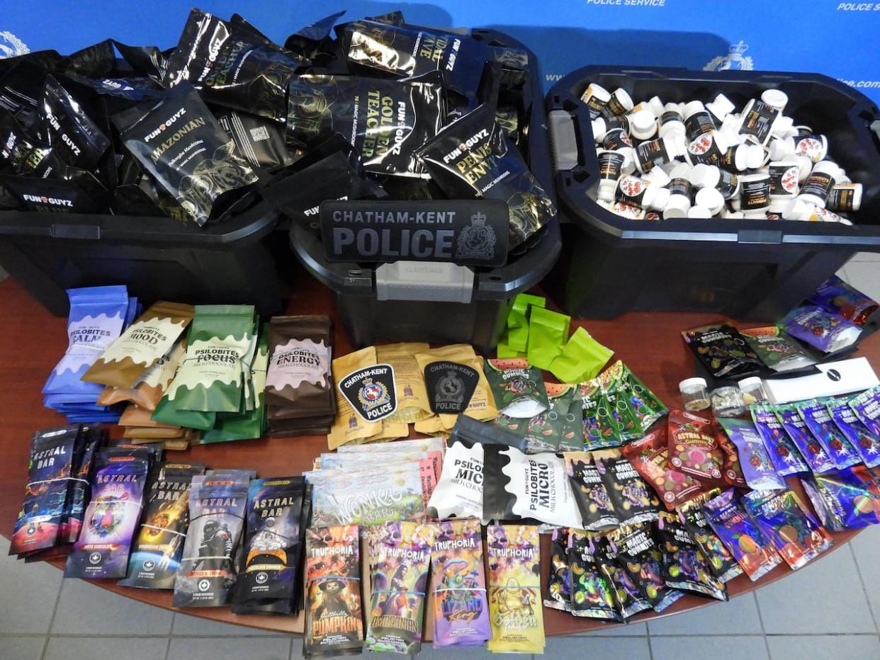 Chatham-Kent police say they seized more than $20,000 worth of product after executing a search warrant at a storefront on King Street West in Chatham, Ont., on Wednesday. (Chatham-Kent Police Service - image credit)