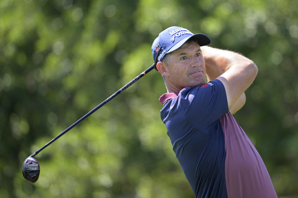 Padraig Harrington, of Ireland, tees off on the first hole during the first round of the Arnold Palmer Invitational golf tournament, Thursday, March 2, 2023, in Orlando, Fla. (AP Photo/Phelan M. Ebenhack)