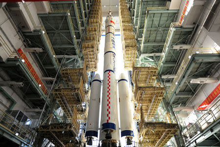 China's Long March rocket carrying the manned spacecraft Shenzhou-11 is seen at the launch centre in Jiuquan, China, October 10, 2016. Picture taken October 10, 2016. REUTERS/Stringer