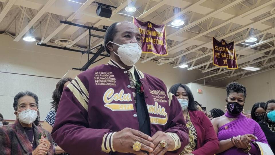 Former Columbia High girls basketball coach Bobby Young looks on Friday as the school named the gymnasium in his honor on Jan. 28, 2022.